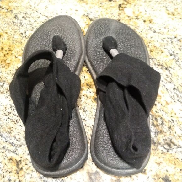 Sanuk Yoga Mat Black Fabric Flip Flop Sling Back Thong Sandals Women's Size 7 - Picture 6 of 6